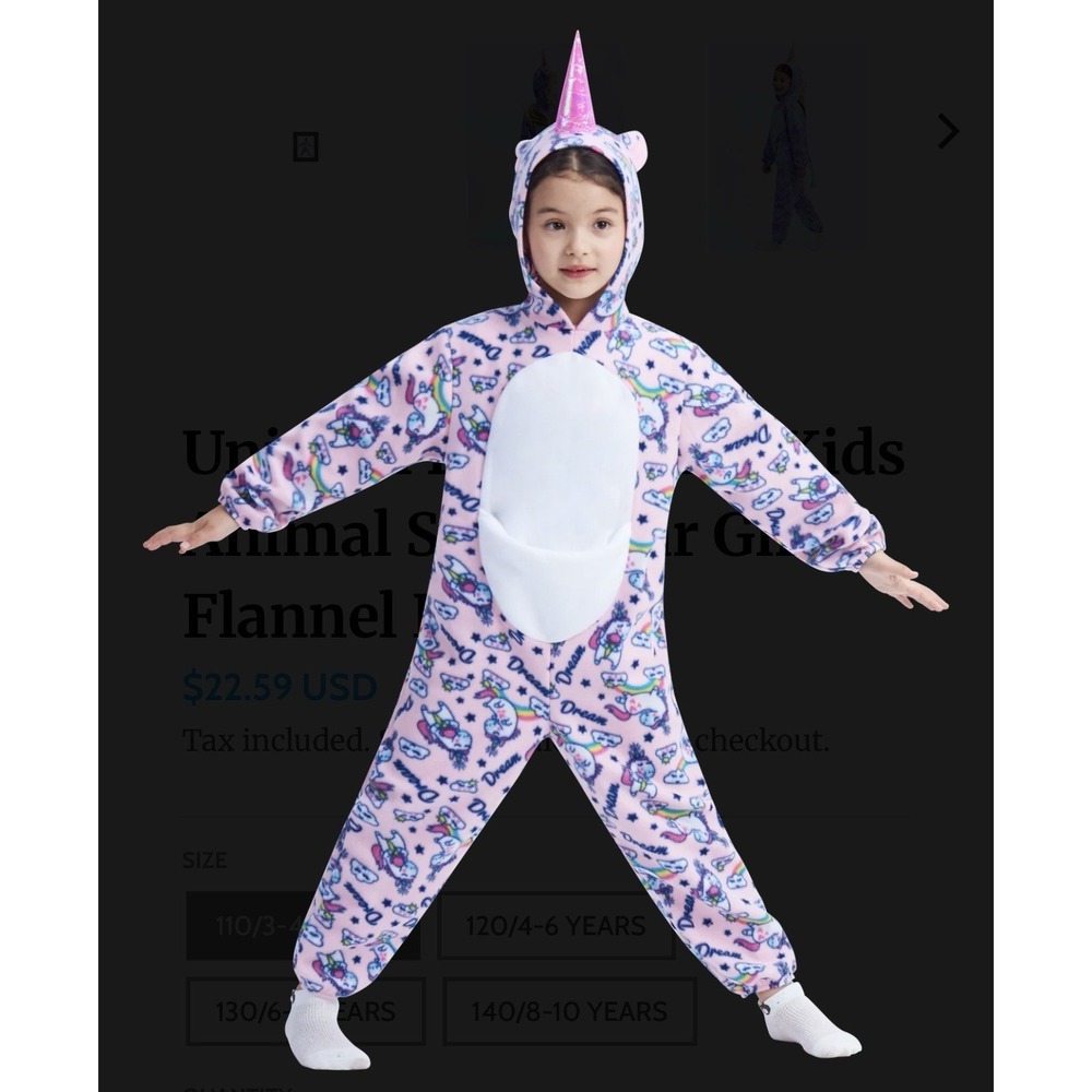 Ikali Unicorn Costume Pajamas Child 3t-4t Pink One Piece Pouch Dream Rainbows